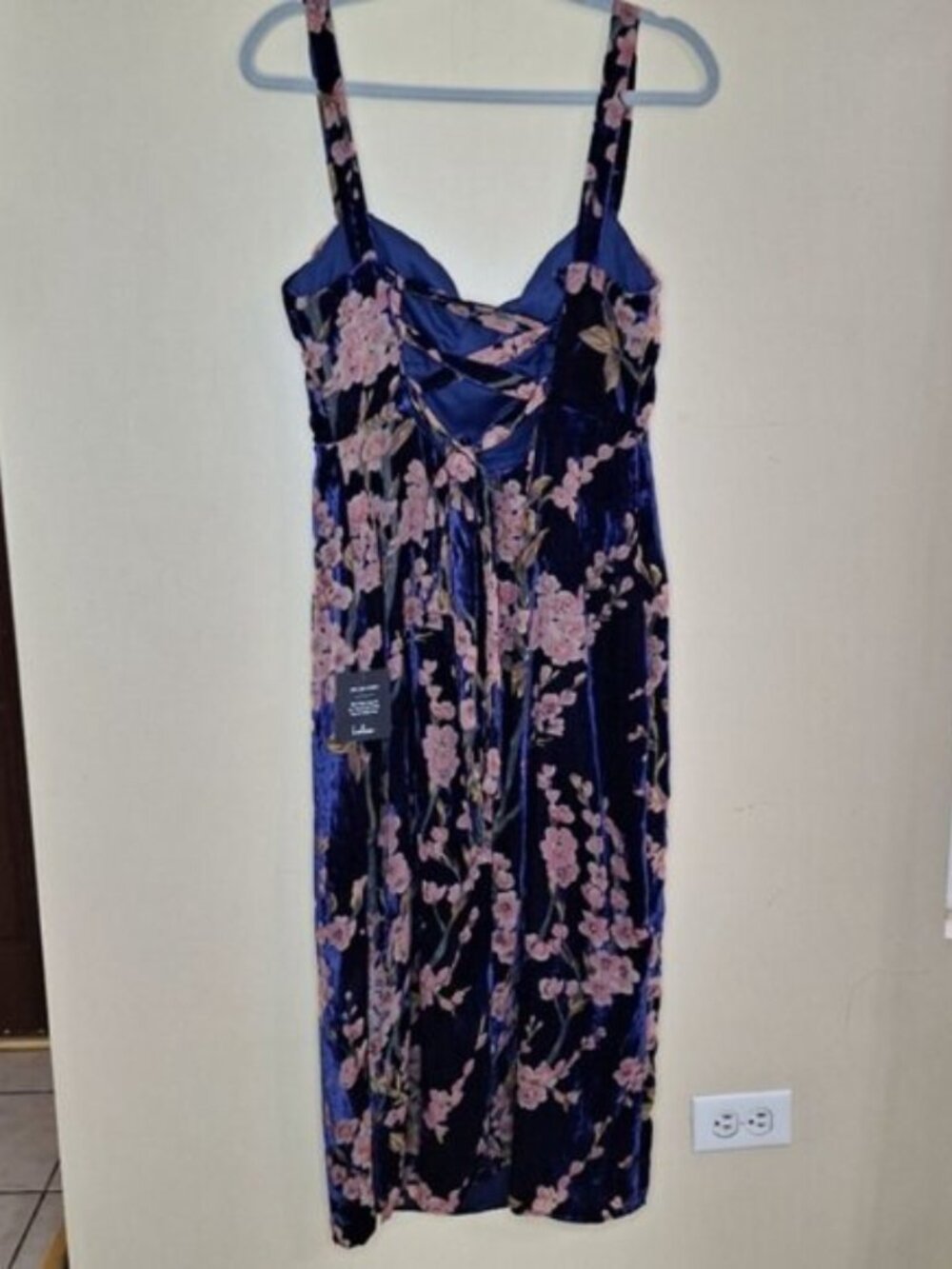 Lulus Velvet Floral Midi Dress Lace-Up Back Side Slit Romantic Dress Large - Picture 6 of 12